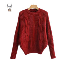 Cotton Blended Cable Women Knitted Clothes Loose Classic Sweater